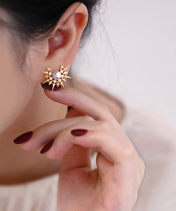 Original Design Sunflower Pearl Gold Plated Stud Earrings