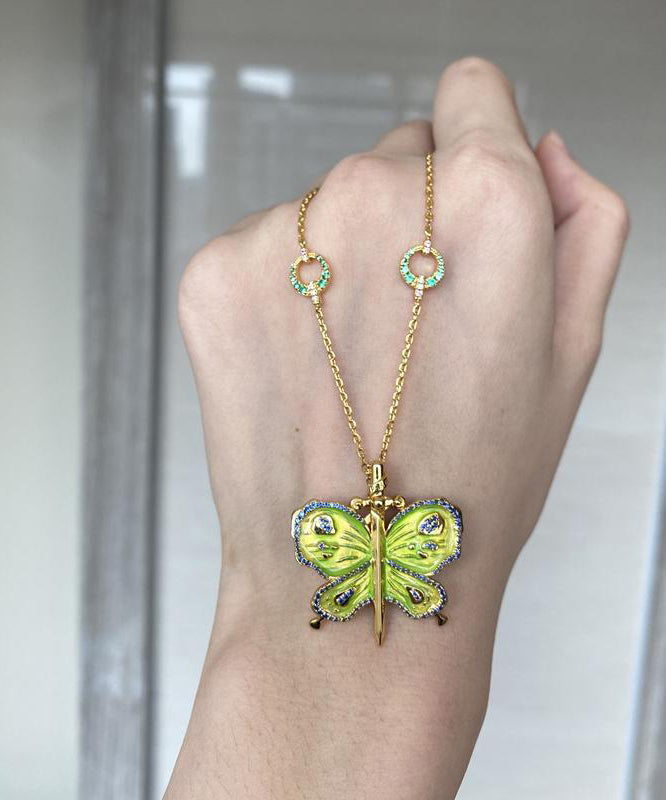 Original Green Sterling Silver Overgild Enamel Butterfly Pendant Necklace Qj004