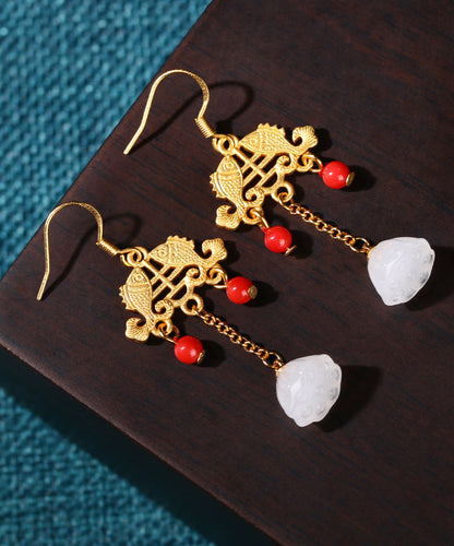 Regular Ancient Gold Inlaid Jade Gem Stone Lotus Flower Tassel Drop Earrings Kx1078