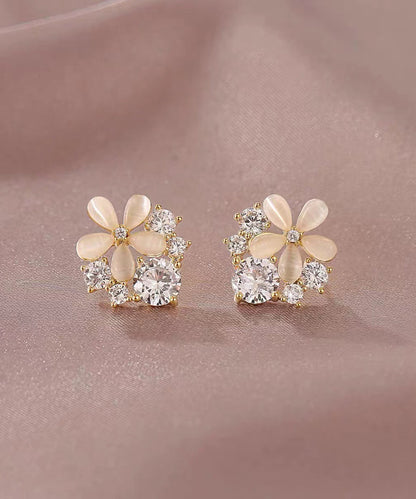 Regular Beige Sterling Silver Overgild Cat's Eye Stone Zircon Stud Earrings