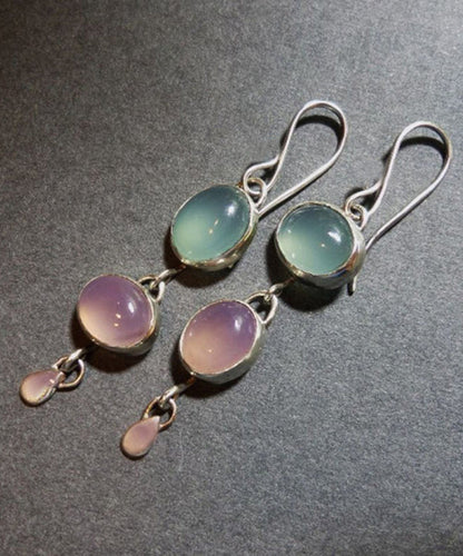 Retro Asymmetric Pink Green Sterling Silver Oval Cat Eye Stone Pendant