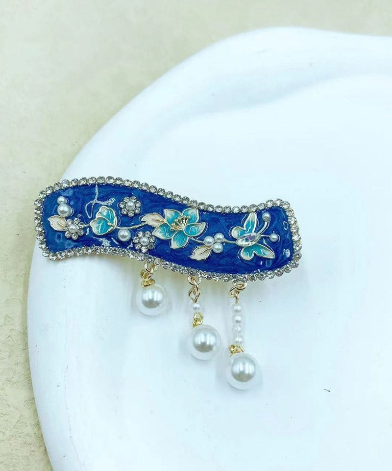Retro Blue Alloy Dripping Glaze Pearl Tassel Hairpin