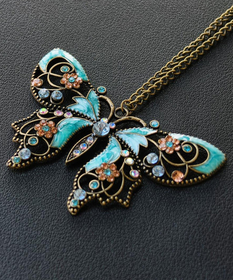 Retro Blue Alloy Zircon Butterfly Hollow Out Pendant Necklace