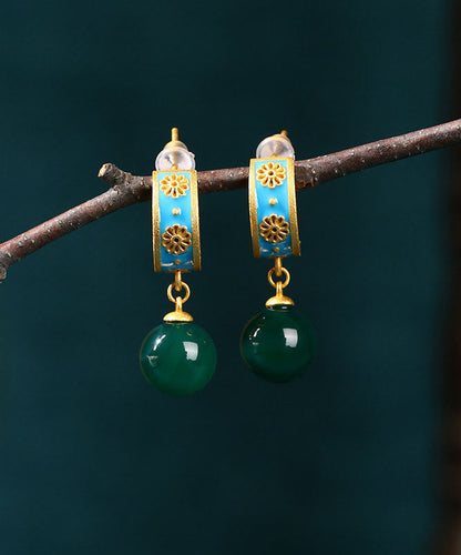 Retro Blue Ancient Gold Chalcedony Hoop Earrings