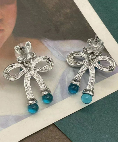 Retro Blue Sterling Silver Crystalcoloured Glaze Bow Stud Earrings Df1009