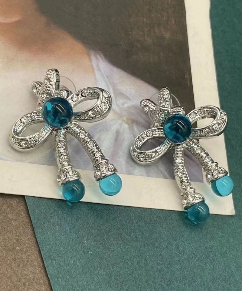 Retro Blue Sterling Silver Crystalcoloured Glaze Bow Stud Earrings Df1009