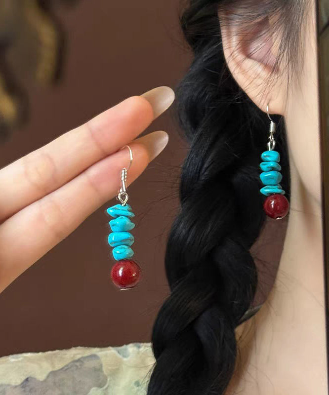 Retro Blue Sterling Silver Turquoise Tassel Drop Earrings
