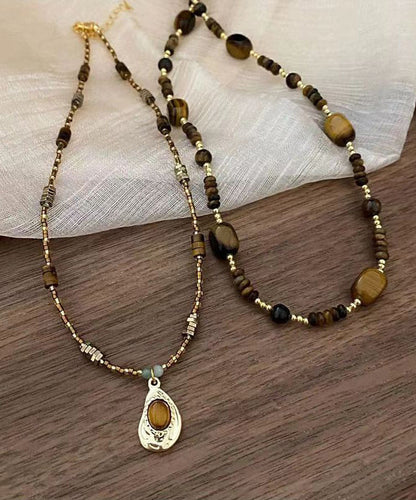 Retro Brown Bilayer Beading Tiger's Eye Pendant Necklace Ab1069