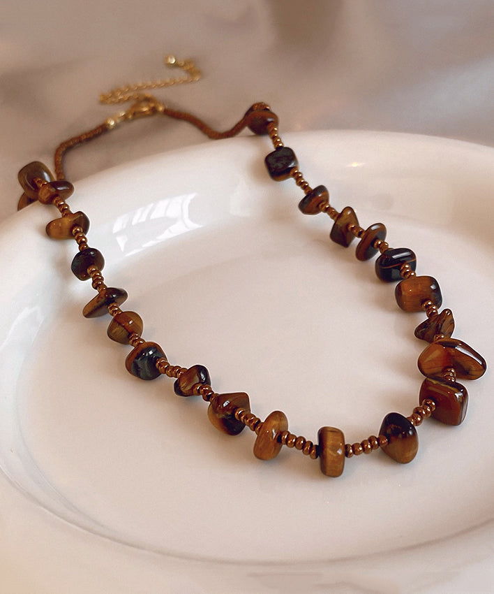Retro Chocolate Alloy Tiger Eye Stone Beading Gratuated Bead Necklace Wi040