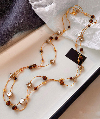 Retro Coffee Tiger's Eye Stone Double Tier Copper Long Necklace