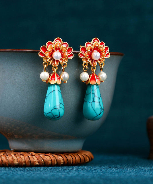 Retro Colorblock Ancient Gold Overgild Inlaid Pearl Enamel Drop Earrings Df1029