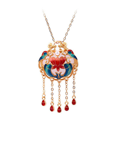 Retro Colorblock Sterling Silver Overgild Jade Enamel Every Year There Is Fish Tassel Pendant Necklace Kx1079