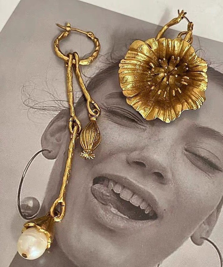 Retro Gold Copper Overgild Asymmetrical Pearl Tassel Drop Earrings