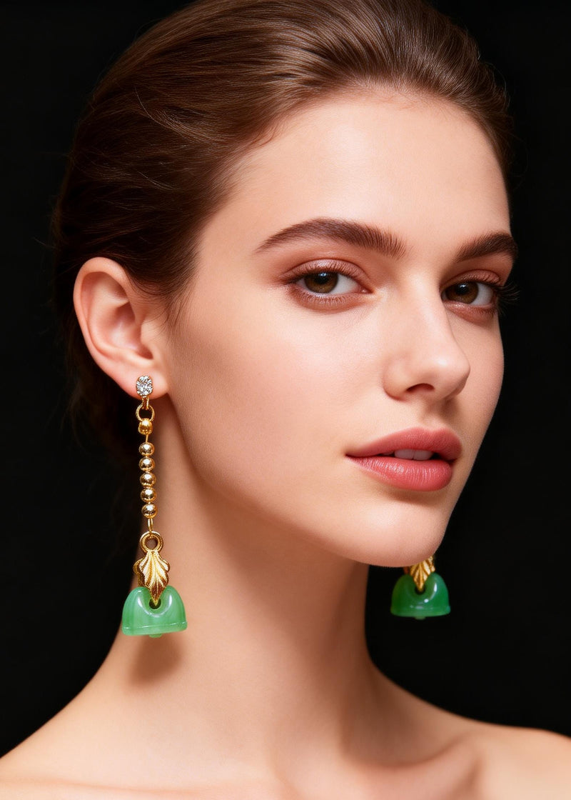 Retro Green Lotus Seedpod Jade Gilding Drop Earrings