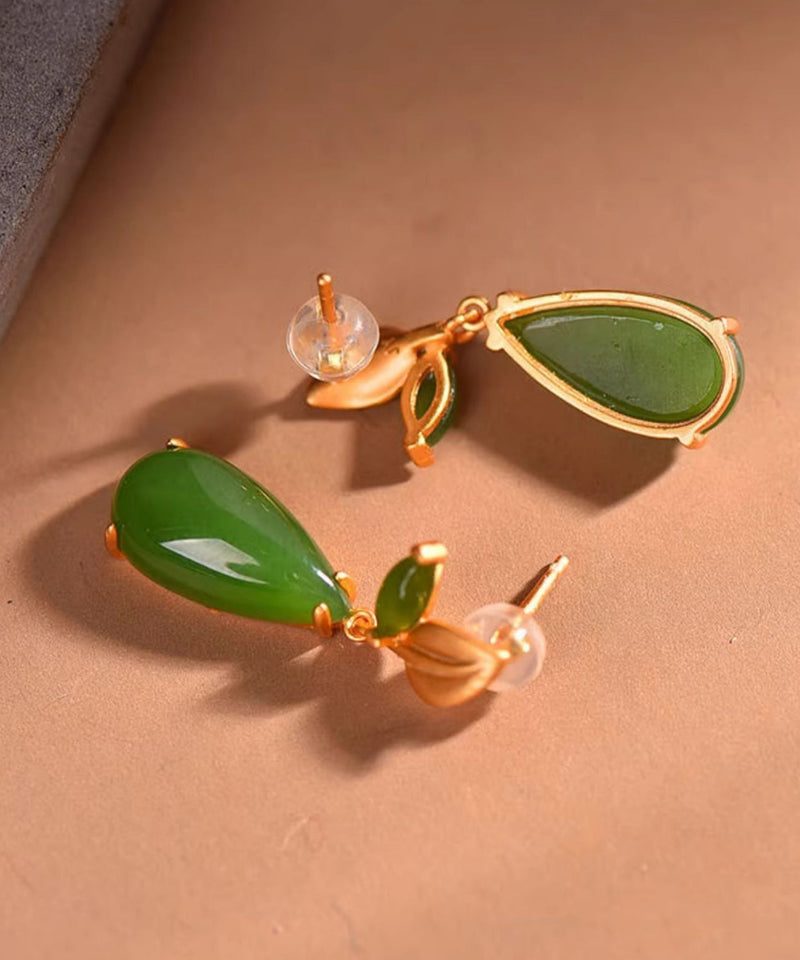 Retro Green Sterling Silver Overgild Jade Water Drop Drop Earrings