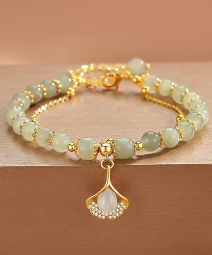 Retro Green Sterling Silver Overgild Zircon Jade Charm Bracelet