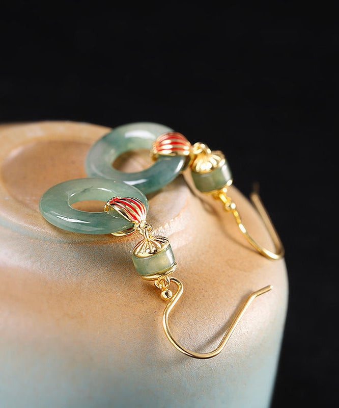 Retro Light Green Sterling Silver Overgild Jade Enamel Ping Buckle Drop Earrings Gh1011