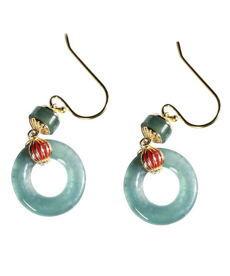 Retro Light Green Sterling Silver Overgild Jade Enamel Ping Buckle Drop Earrings Gh1011
