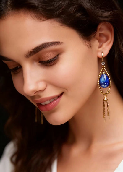 Retro Peacock Blue Water Droplet Gem Stone Tassels Drop Earring