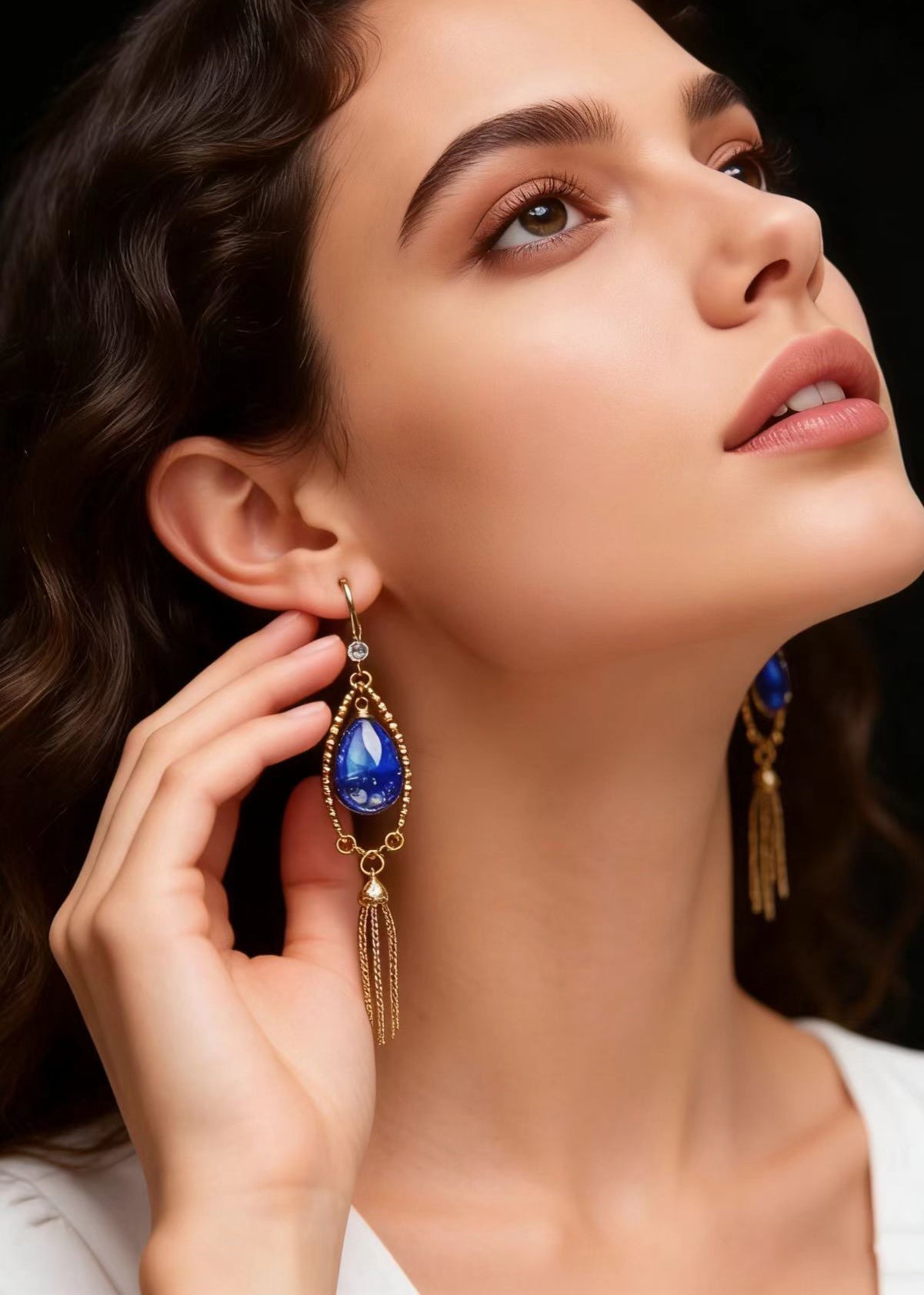 Retro Peacock Blue Water Droplet Gem Stone Tassels Drop Earring