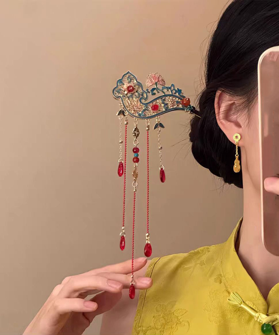 Retro Red Alloy Hollow Out Cloisonne Tassel a Pair Hairpin