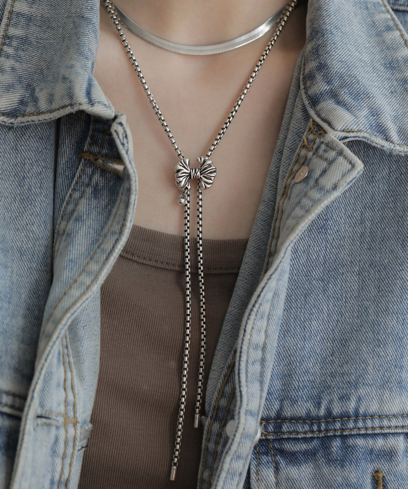Retro Silk Sterling Silver Bow Tassel Pendant Necklace Gh1072