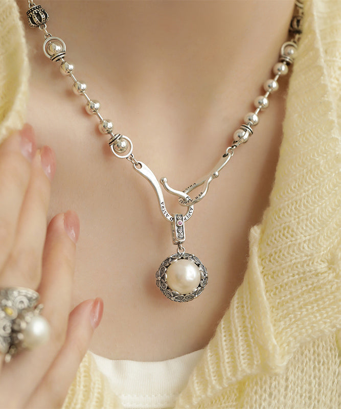 Retro Silk Sterling Silver Pearl Pendant Necklace Kx1085