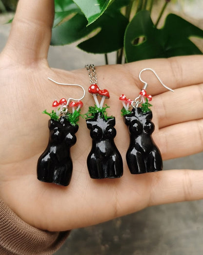 Mushroom Goddess Earrings & Necklace Set