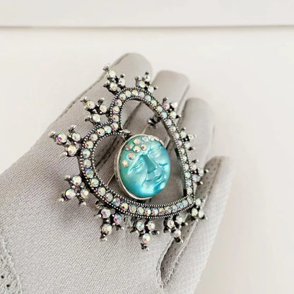 Rhinestone Heart & Moon Face Brooch
