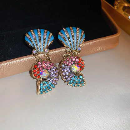 Rhinestone Shell & Starfish Double Pearl Necklace & Rhinestone Sea Shell & Ammonite Earrings Set