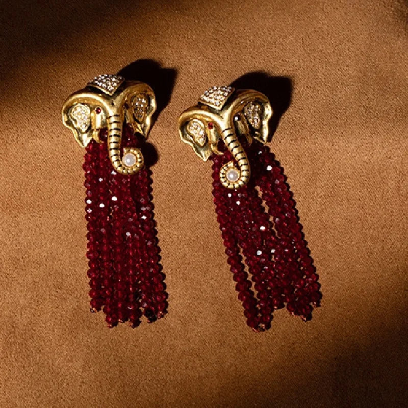 Gold Elephant Tassel Earrings