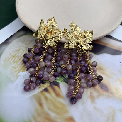 Grape & Gold Leaf Tassel Earrings