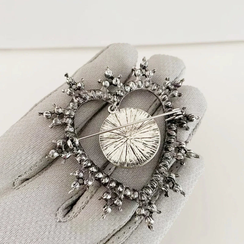 Rhinestone Heart & Moon Face Brooch