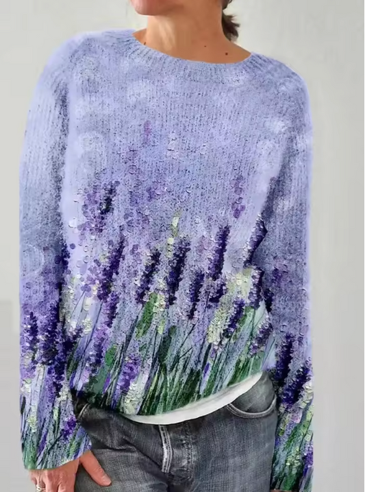 Zacht Lila Pullover met Artistieke Bloemenprint