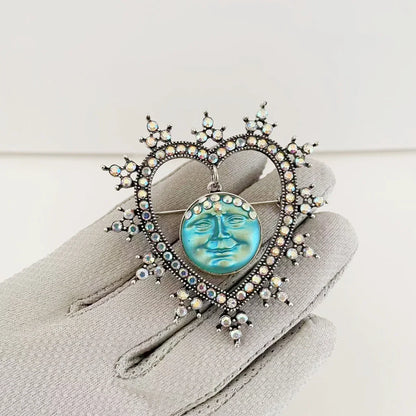 Rhinestone Heart & Moon Face Brooch