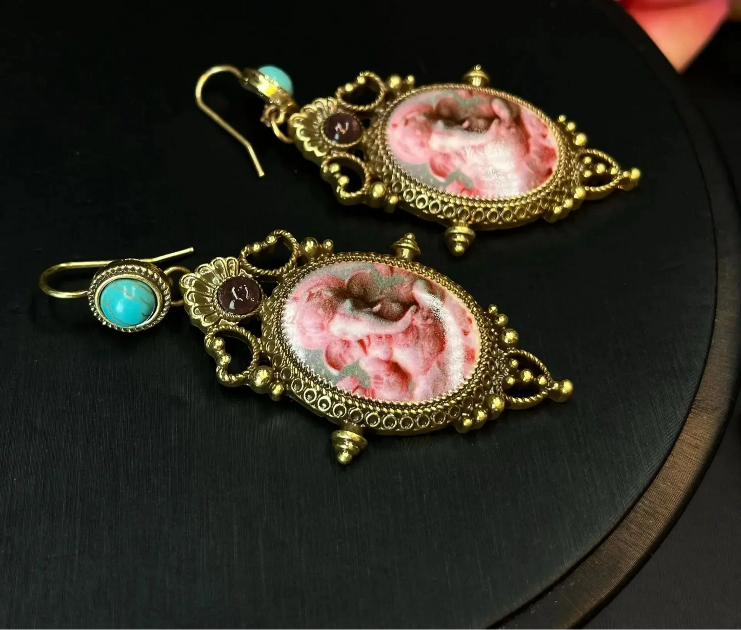 Pink Cameo Ganesh Elephant Earrings