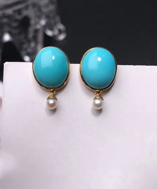 Simple Blue 18k Gold Inlaid Turquoise Jade Stud Earrings