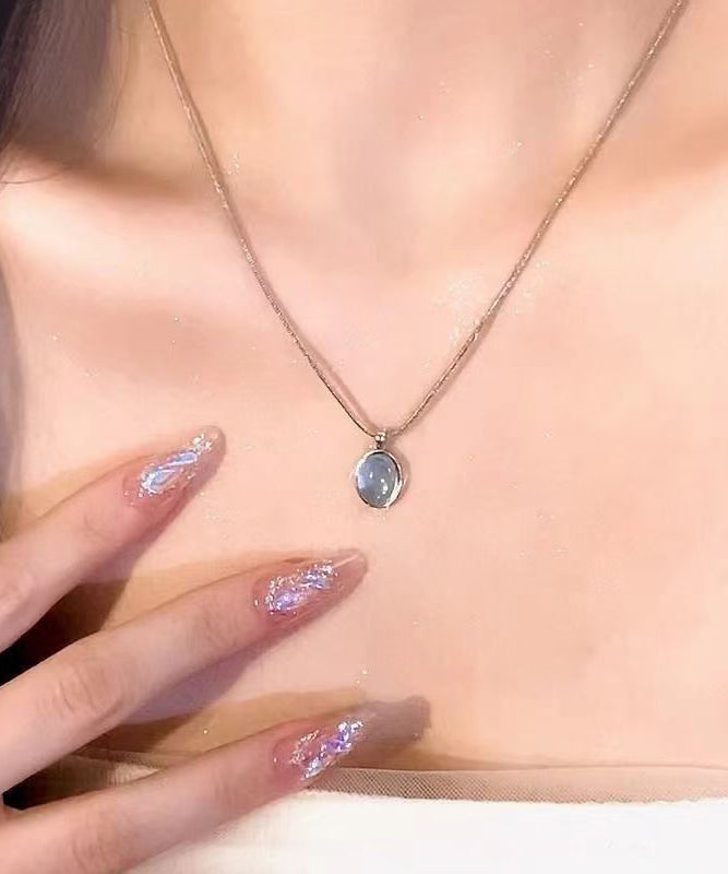 Simple Blue Alloy Gem Stone Pendant Necklace Kx1030