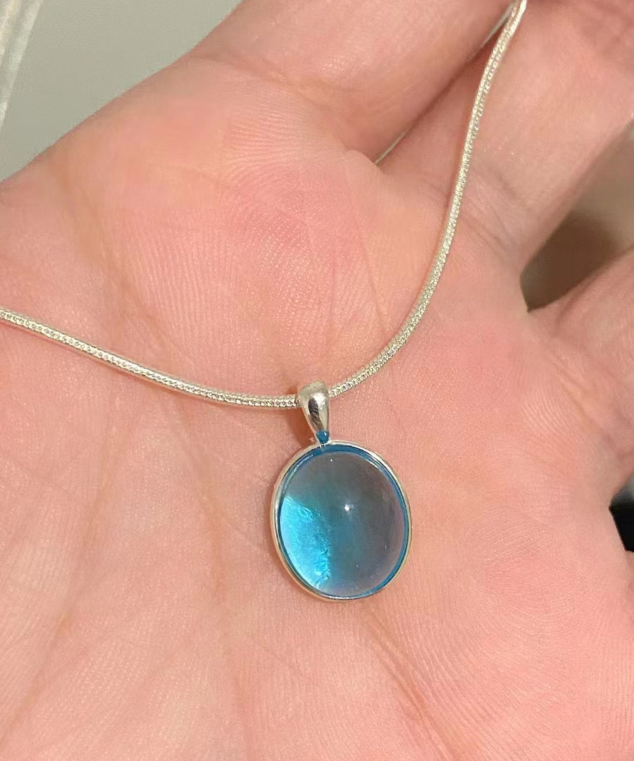 Simple Blue Alloy Gem Stone Pendant Necklace Kx1030