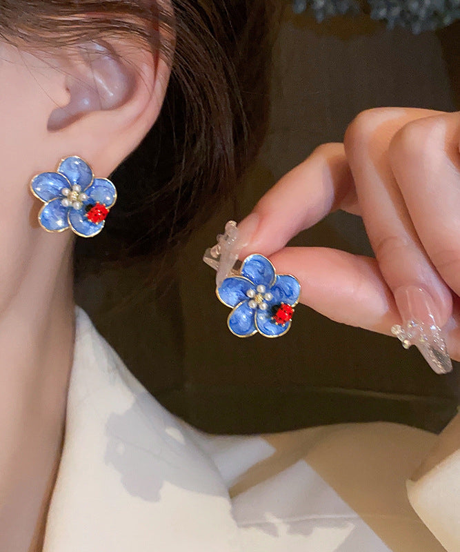 Simple Blue Alloy Pearl Oil Drip Seven Starred Ladybird Stud Earrings