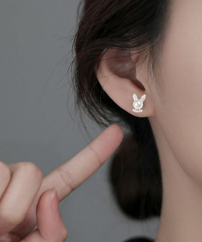 Simple White Rabbit Zircon and Pearl Stud Earrings
