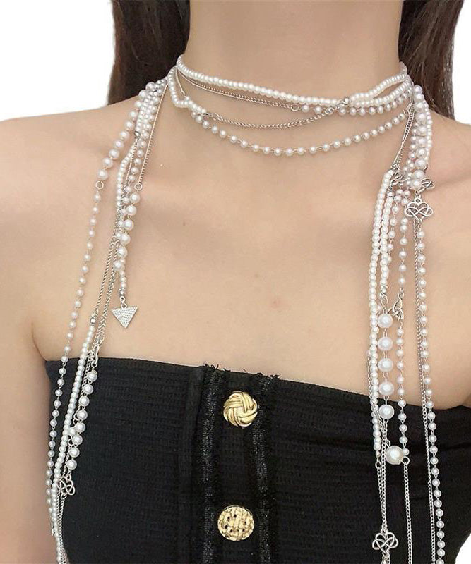 Simple White Metal Pearl Tassel Multilayer Gratuated Bead Necklace Wo006