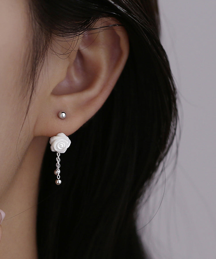 Simple White Sterling Silver Shell Tassel Drop Earrings