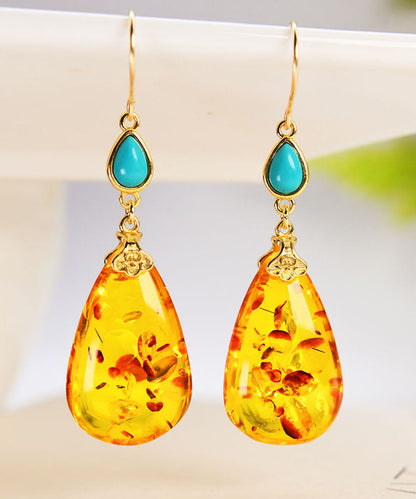 Simple Yellow 14k Gold Water Drop Amber Beeswax Drop Earrings