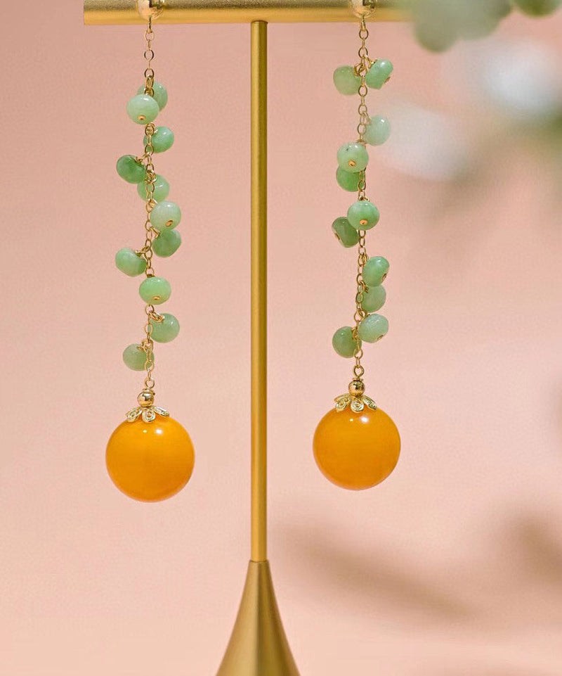 Skinny Green 14k Gold Jade Beeswax Drop Earrings