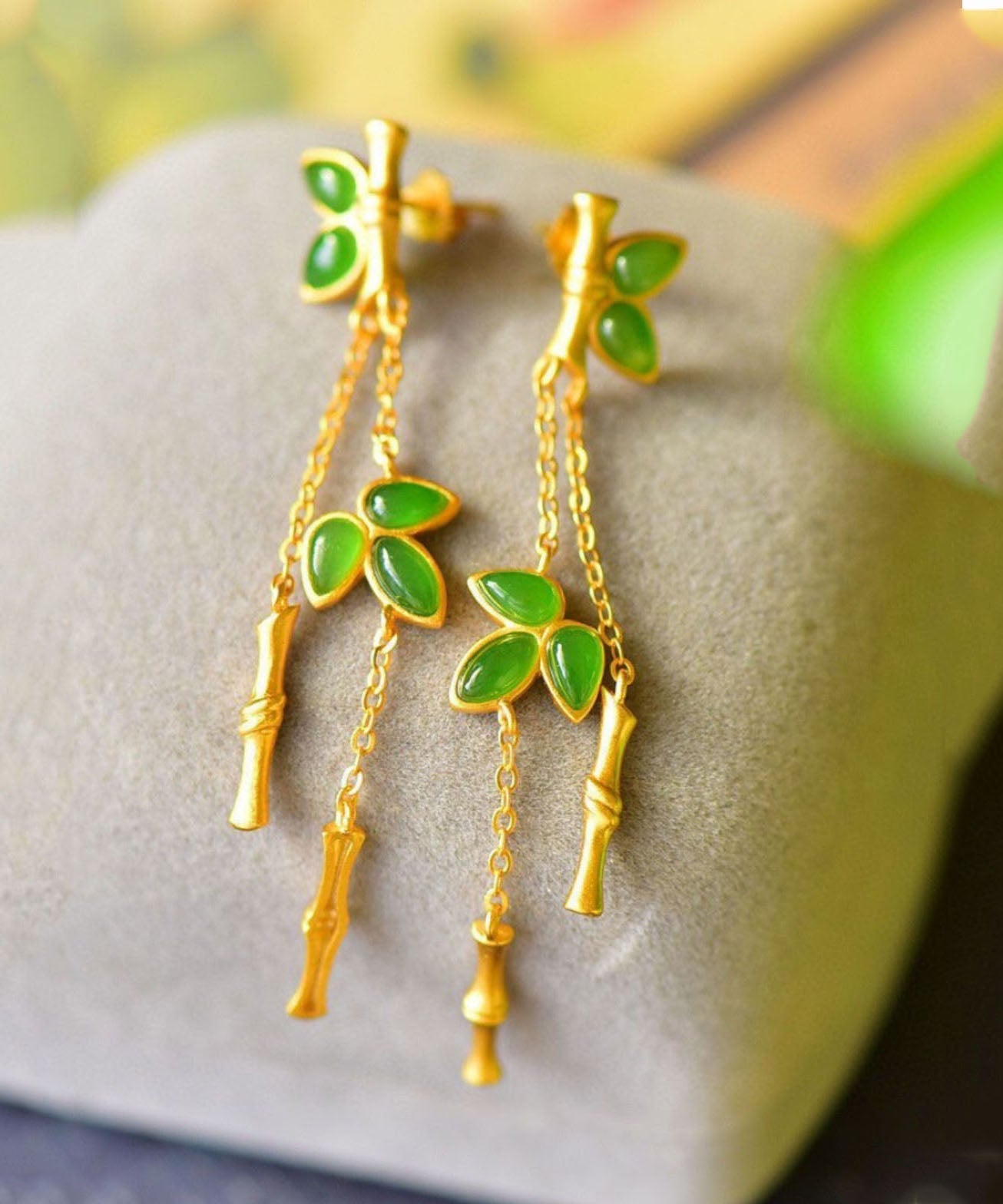 Skinny Green Sterling Silver Overgild Jade Bamboo Joint Drop Earrings