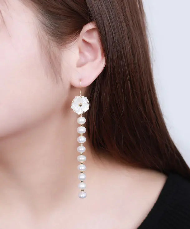 Sterling Silver Overgild Pearl Shell Flower Tassel Drop Earrings