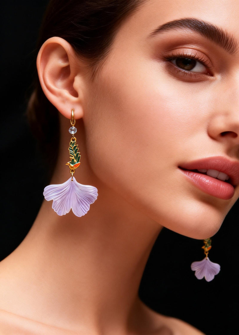 Style Light Purple Ginkgo Leaf Peacock Gilding Drop Earrings