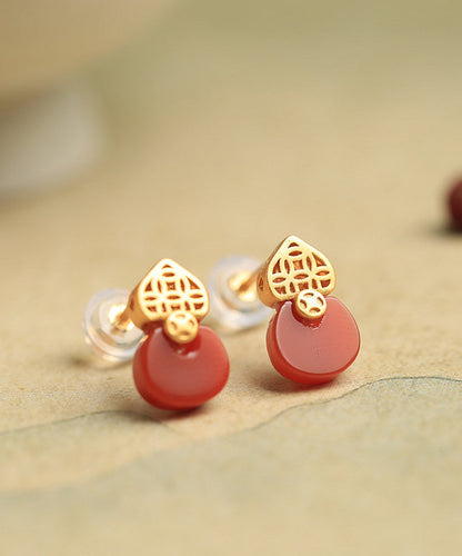 Style Red Sterling Silver Overgild Agate Stud Earrings Df1015