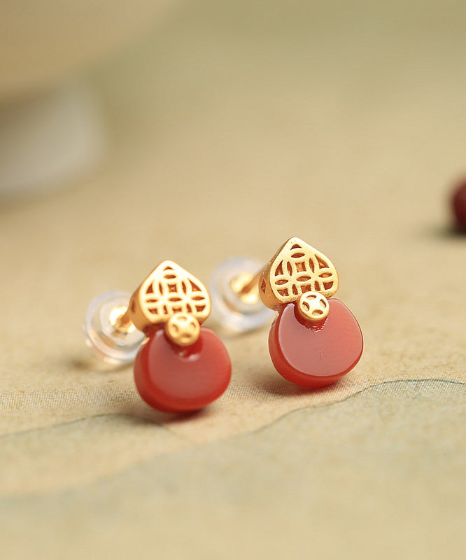 Style Red Sterling Silver Overgild Agate Stud Earrings Df1015